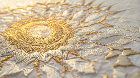 This stunning close-up image showcases intricate gold embroidery on a white fabric, highlighting detailed stitching patterns and artistic craftsmanship.の素材