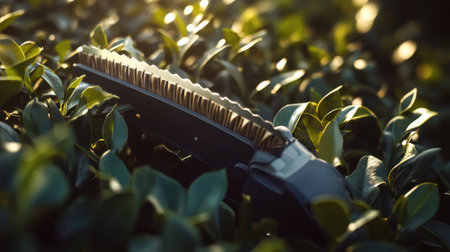 A detailed close-up image showcasing a pruning shear nestled among vibrant green leaves, capturing a moment of tranquility in a garden setting.の素材