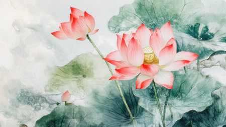 This stunning watercolor artwork showcases graceful pink lotus flowers surrounded by vibrant green leaves. Perfect for nature and tranquility themes.の素材
