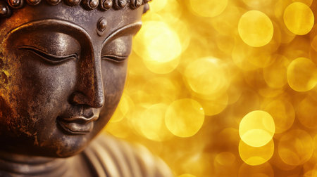 This stunning close-up image features a serene Buddha statue set against a soft golden bokeh background, perfect for evoking tranquility and meditation.の素材