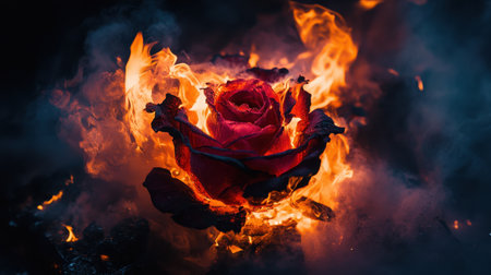 A striking image of a red rose engulfed in flames and surrounded by swirling smoke creates a captivating visual contrast of beauty and destruction.の素材