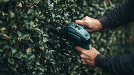 A focused individual uses an electric trimmer to carefully prune a vibrant green hedge, showcasing skills and the beauty of outdoor gardening.の素材