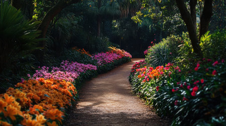 A tranquil garden pathway meanders through a vibrant array of colorful ...