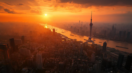 This stunning aerial photograph captures the vibrant skyline of Shanghai during a golden sunset, showcasing the iconic architecture along the Yangtze River.の素材