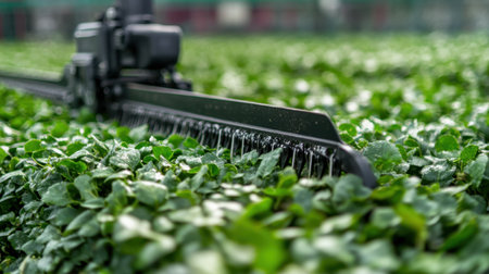 Advanced machinery efficiently trims vibrant green crops in an expansive agricultural field, showcasing modern farming techniques and sustainable practices.の素材