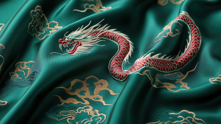 This stunning image showcases intricate embroidery of a dragon on rich green fabric, featuring vibrant red and gold accents, evoking traditional artistry and culture.の素材