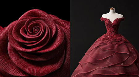 This captivating image features a stunning burgundy dress adorned with intricate rose details and flowing ruffles, showcasing elegance and sophistication.の素材