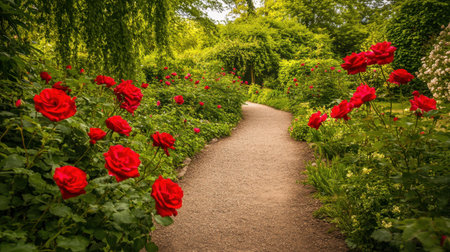 A tranquil garden pathway meanders through lush greenery and stunning red roses, creating a serene escape to enjoy nature's beauty.の素材