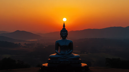 A breathtaking image of a serene Buddha statue silhouetted against a vibrant sunset. The peaceful scene captures the essence of spirituality and tranquility in nature.の素材