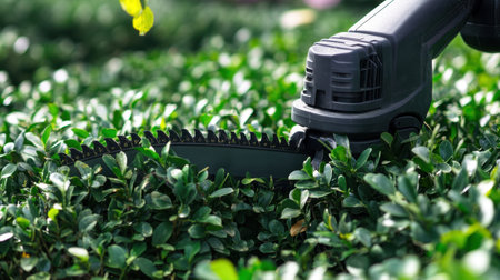 A detailed view of an electric hedge trimmer in action, cutting through lush green bushes in a well-maintained garden, showcasing the essence of gardening.の素材