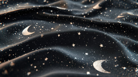 This mesmerizing close-up image captures a luxurious black fabric featuring intricate moon and star patterns, offering a stylish and artistic backdrop.の素材
