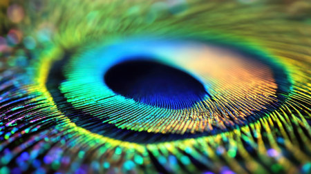 A stunning close-up of a peacock feather showcasing vibrant iridescent colors and intricate patterns, perfect for capturing nature's elegance.の素材