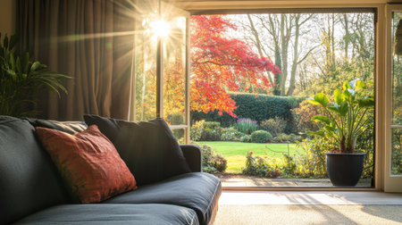 A cozy living room features an open doorway leading to a lush garden. The sunlight streams in, highlighting the autumn foliage and creating a serene atmosphere.の素材