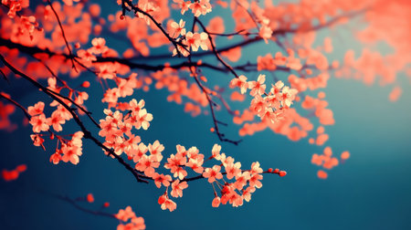 This stunning image captures a delicate cherry blossom branch adorned with vibrant pink flowers set against a soft blue background, embodying springtime serenity and natural beauty.の素材