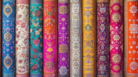 A stunning array of colorful traditional fabrics featuring intricate patterns and textures, perfect for art lovers, designers, and home decor enthusiasts.の素材