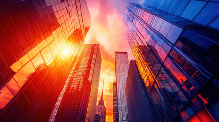 Capture the stunning beauty of a sunset as it reflects off modern glass skyscrapers, creating a vibrant urban scene filled with colors.の素材