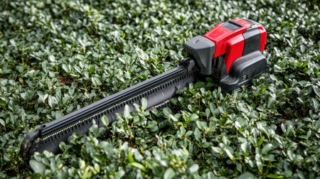 A battery-powered hedge trimmer rests on a vibrant green lawn, showcasing effective garden maintenance. Ideal for landscaping projects, this tool emphasizes efficiency and ease of use.の素材