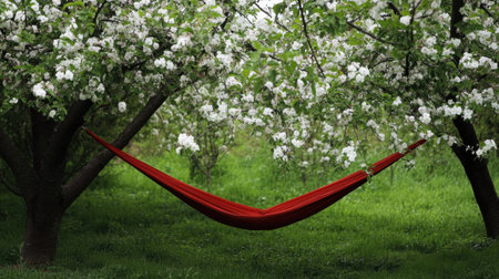A vibrant red hammock sways gently between blooming apple trees, offering a cozy spot for relaxation. This serene spring garden scene invites escape and tranquility.の素材
