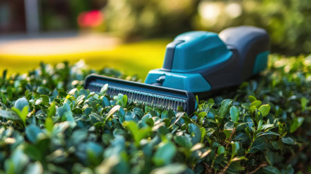 An electric hedge trimmer is positioned among fresh green foliage in a vibrant garden, showcasing essential tools for effective yard maintenance and landscaping care.の素材