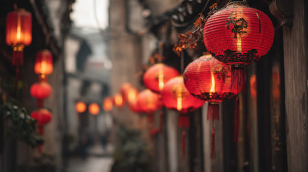 A picturesque alleyway in a historic Asian neighborhood illuminated by vibrant red lanterns, creating a warm and inviting atmosphere for evening strolls.の素材