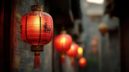 A series of red lanterns hang gracefully in a historic alley, casting a warm glow that enhances the traditional ambiance, symbolizing cultural celebrations.の素材