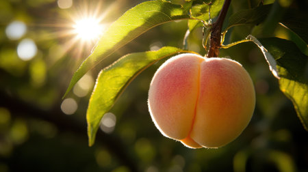 A close-up of a ripe peach hanging from a branch, illuminated by warm sunlight. The vibrant greens and soft colors create an inviting, summery atmosphere, perfect for food enthusiasts.の素材