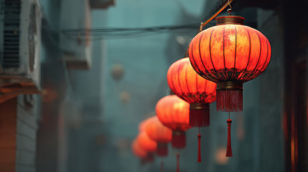 This enchanting image features vibrant red lanterns hanging in a misty alleyway, capturing the essence of cultural festivities in traditional Asian architecture.の素材