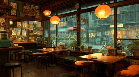 A serene cafe interior featuring warm lighting and wooden decor, offering a cozy space to relax while gazing at the rain-soaked street outside.の素材