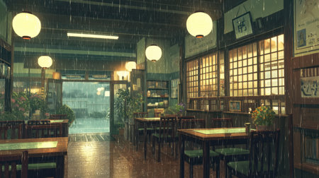 This image depicts a cozy restaurant interior, featuring wooden tables and chairs. Raindrops fall outside, enhancing the serene atmosphere and inviting ambiance.の素材