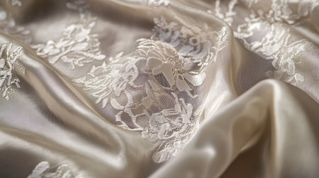 This image showcases a luxurious silky fabric featuring an intricate floral lace pattern, perfect for fashion designs, drapery, and elegant home decor projects.の素材