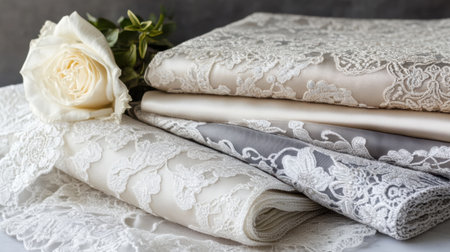 A collection of elegant lace fabrics in soft colors, beautifully arranged with a romantic rose. Ideal for crafting, decoration, and fashion design.の素材