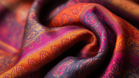 This image showcases a beautifully draped piece of silk fabric featuring intricate patterns in vibrant colors. Ideal for design inspiration or textile applications.の素材