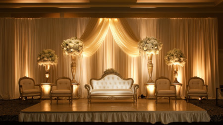 A beautifully designed wedding stage featuring exquisite floral arrangements and soft golden lighting, creating a romantic and luxurious ambiance for events.の素材
