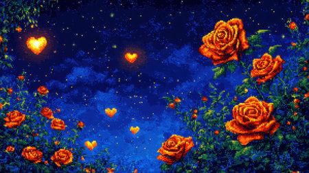 This vibrant pixel artwork features glowing roses surrounded by floating hearts in a starry blue night sky, perfect for romantic themes and digital decoration.の素材