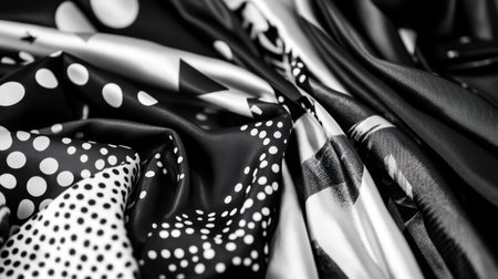 This close-up image features a variety of textured fabrics in black and white, highlighting intricate patterns and folds. Perfect for fashion and design.の素材