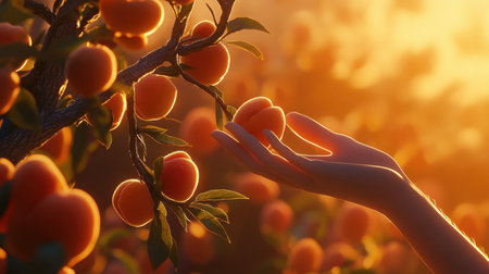 A serene scene featuring a delicate hand reaching for ripe oranges hanging from a lush tree, bathed in warm sunset light, showcasing nature's beauty.の素材