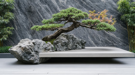A stunning bonsai tree gracefully perched on a stone base, set against a textured stone wall. This serene composition embodies tranquility and modern design in an elegant Zen garden.の素材