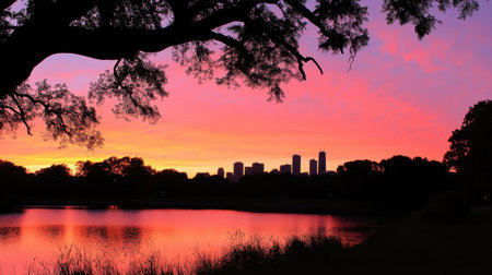 A stunning sunset casts vibrant colors across the city skyline, with reflections visible in the calm water below. The silhouette of a tree adds depth to this peaceful evening scene.の素材