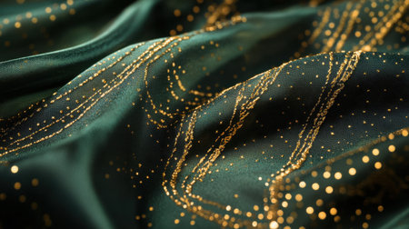 This beautiful green fabric features a stunning gold glitter pattern, perfect for adding elegance and luxury to any decor or fashion project.の素材