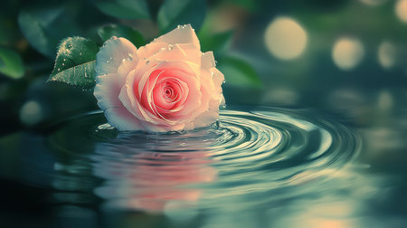 A single soft pink rose floats delicately on a serene water surface, creating gentle ripples. The background features a beautiful bokeh effect, enhancing a tranquil and charming atmosphere.の素材