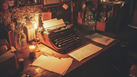 A cozy writing desk scene featuring a vintage typewriter, warm candlelight, and scattered handwritten letters, creating an inviting atmosphere for creativity.の素材