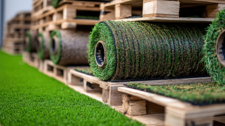A collection of neatly stacked rolls of artificial grass on wooden pallets, showcasing vibrant and lush textures, perfect for various landscaping and gardening projects.の素材