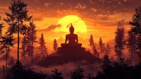 A striking silhouette of a Buddha statue sits peacefully atop a hill, framed by tall trees as a vibrant sunset casts warm colors across the sky.の素材
