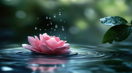 A serene pink flower gracefully floats on a calm water surface, surrounded by droplets and lush greenery, embodying nature's tranquil beauty and elegance.の素材