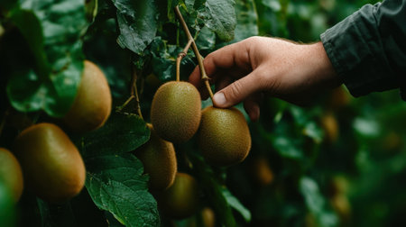 A hand reaches for ripe kiwi fruits hanging from a branch in a picturesque green orchard, highlighting the natural beauty of fruit harvesting.の素材