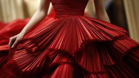 An exquisite red dress featuring a stunning pleated skirt, showcasing intricate design and craftsmanship. Soft lighting enhances the graceful elegance and vivid color. Perfect for fashion enthusiasts and designers.の素材