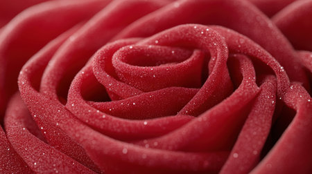 This stunning close-up image features the intricate details of a red rose's petals, showcasing soft fabric-like creases and a sparkling texture. Ideal for romantic themes.の素材