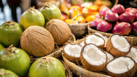 A vibrant display of fresh coconuts and assorted fruits in woven baskets at a bustling market, showcasing the natural beauty and diversity of tropical produce.の素材