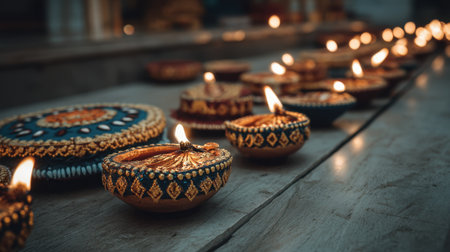 This captivating image features an elegant arrangement of traditional oil lamps beautifully illuminated on a wooden surface, ideal for festive celebrations.の素材
