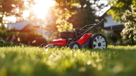 A bright red lawn mower cutting through lush green grass, creating a neat, well-manicured garden scene under the summer sun.の素材